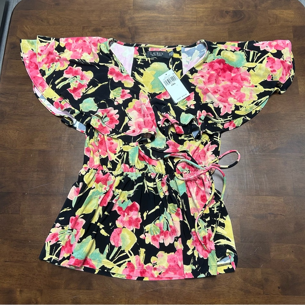 Lauren Ralph Lauren Floral Ruffle-Trim Surplice Jersey Top Size Petite XS - Picture 5 of 13